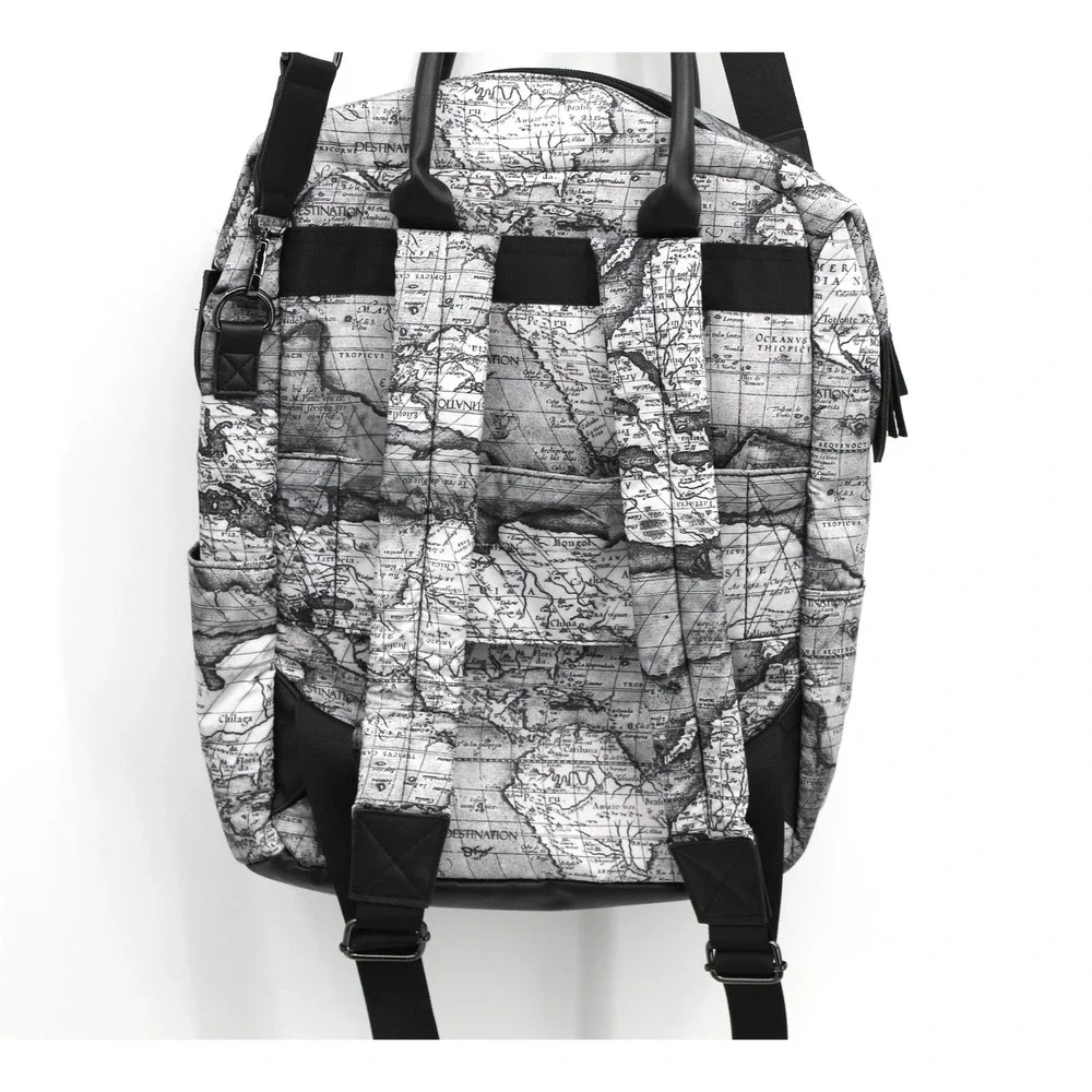 World Map Print Backpack Travel Messenger Bag Black White Cartography Chic Sleek